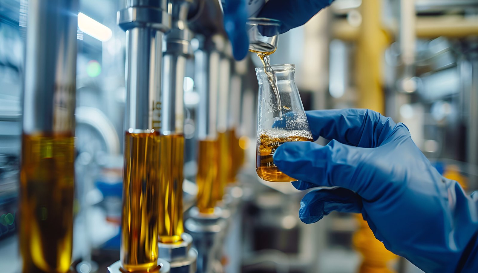 Lab technician pours liquid from a test tube. Research at a chemical plant.